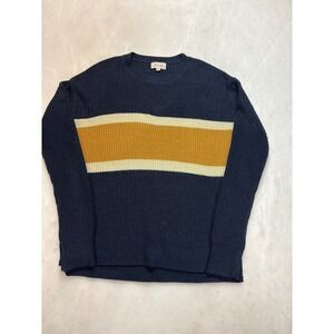 Becool Striped Knit‎ Sweater Navy Mustard Cream Crew Neck Long Sleeve Size M